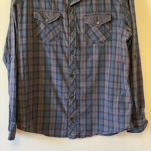 Vintage Point Zero L plaid casual button down t-shirt gray blue long sleeve - Picture 3 of 7